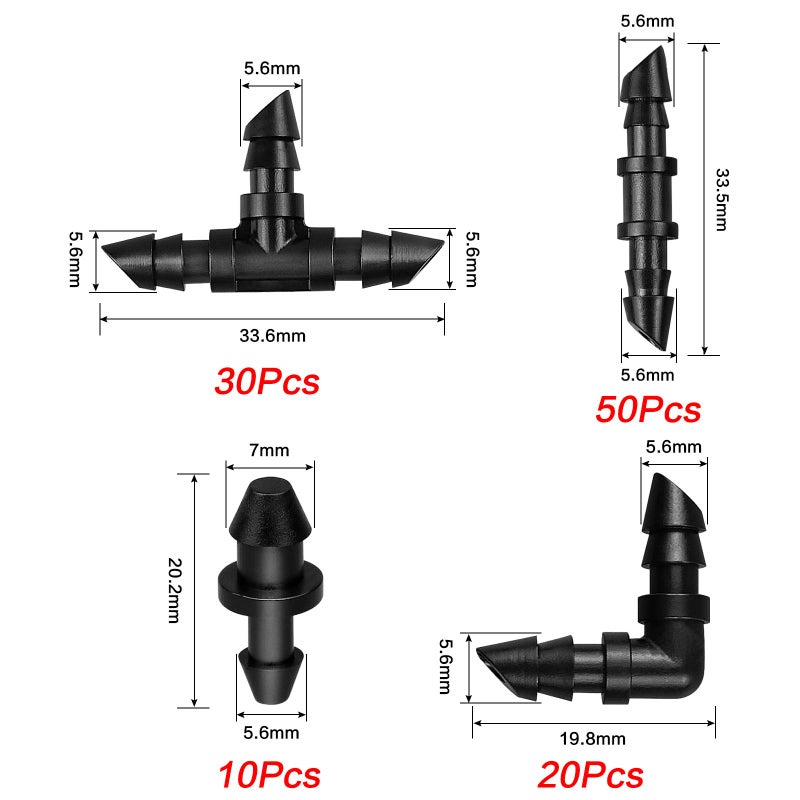 JAYEE Irrigation Fittings Kit for 1/4" Tubing 110 Piece Set - 50 Couplings,30 Tees, 20 Elbows, 10 End Plugs - Barbed Connectors for Drip or Sprinkler Systems - Image 3